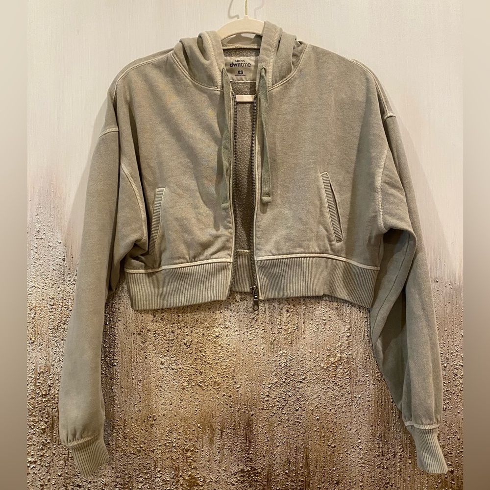 Aeropostale Oversized Cropped Full-Zip Hoodie Jacket (Washed Olive Green) - XS - Picture 5 of 11
